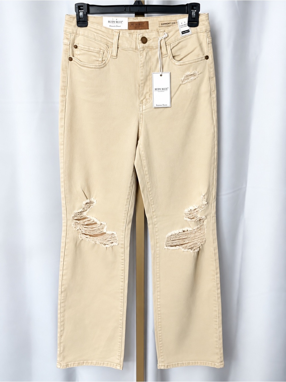 Women's Distressed Straight-Leg Jeans in Beige